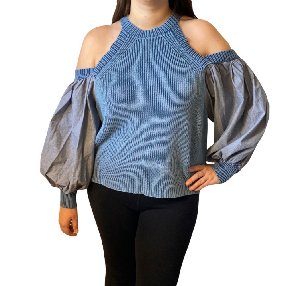 Free People Blue Cold-Shoulder Pullover Sweater with Balloon Sleeves